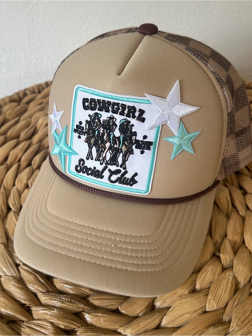 Flying S Company Cowgirl Social Club Trucker Hat Tan Teal Western Snapback Cap